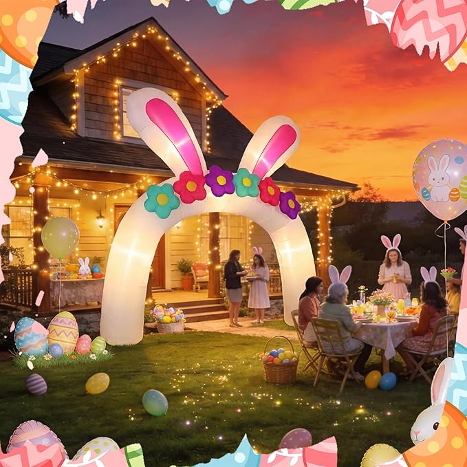 VIHOSE 10FT Easter Bunny Inflatable Arch with Flowers Giant Easter Blow Up Yard Decoration Rabbit Ear Archway Yard White Decoration with Build-in LED for Party Lawn Easters Egg Hunt Event