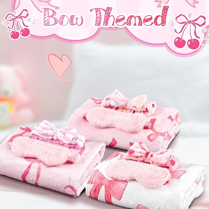 27 Pcs Sleepover Party Supplies for Girls, 9 Style Cute Pink Bow Blanket 9 Coral Fleece Spa Headband 9 Plush Pink Eye Mask Cover for Slumber Sleepover Spa Party Gift(Elegant)