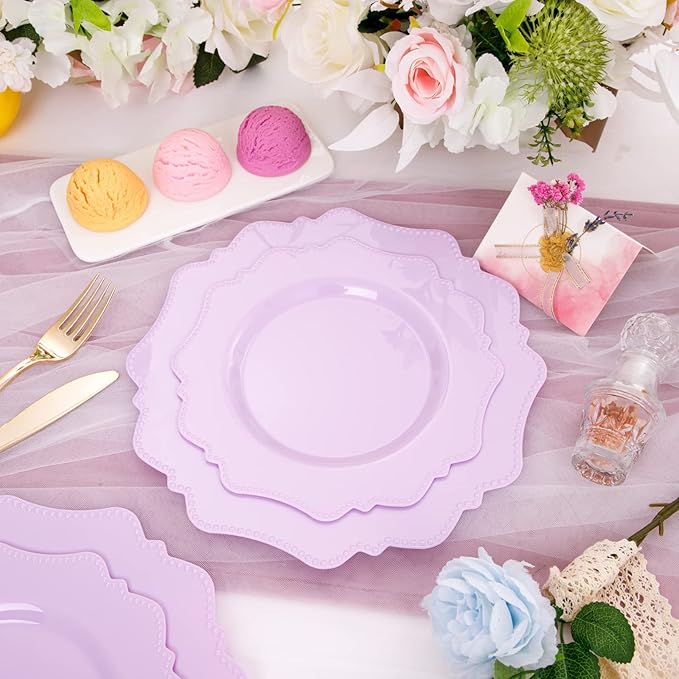 COLOSUS 60Pcs Lavender Purple Plastic Plates set,Heavy Duty Purple Disposable Plates include 30 Dinner plate 10.5” and 30 Salad/Dessert Plate 8.25” for Party and wedding