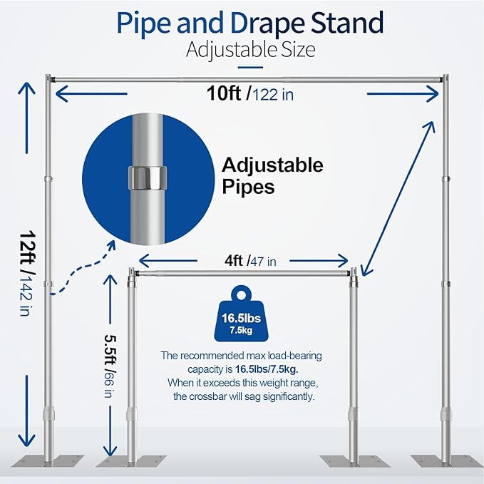Pipe and Drape Backdrop Stand, 12x10ft Heavy Duty Adjustable Background Frame with Metal Base, Back Drop Holder for Parties Photography Wedding Photoshoot Decoration