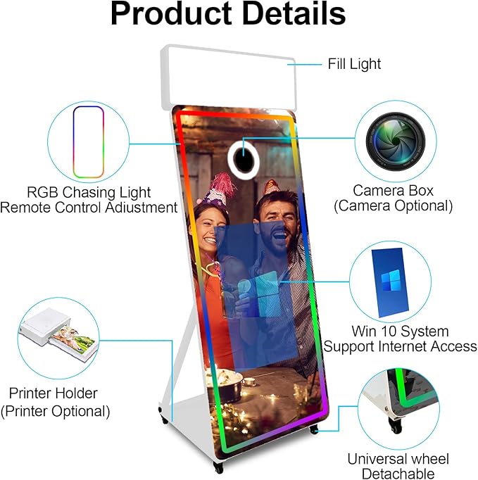 Magic Mirror Photo Booth,Mirror Photo Booth Interactive Touch Screen with Flight Case, Built-in Mini PC with Instant Print and Sharing for Event Party Wedding Rental (White, 32''Screen+Printer)