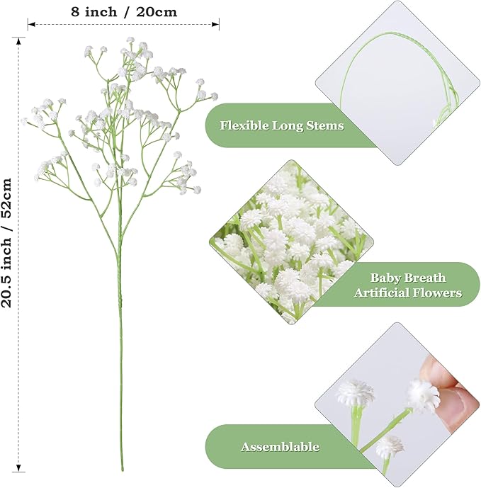 Babys Breath Artificial Flowers, 30 pcs White Flowers Artificial Real Touch Faux Flowers Bouquet Look Real Fake Flowers for Wedding Party Home Garden Tables Centerpieces Office Arrangements Decoration