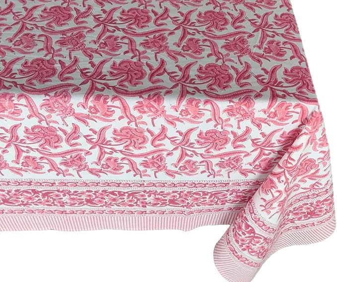ATOSII Red Bloom 100% Cotton Tablecloth, Handblock Print Rectangle Table Cover for Kitchen Dining I Tabletop Linen I Parties, Wedding, Spring Summer Table Cloth 60 X 90 Inches