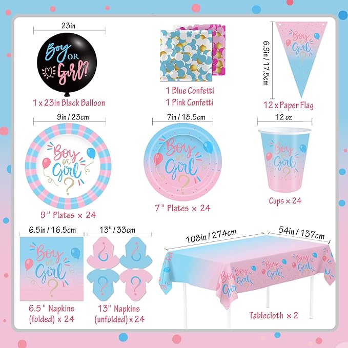 Gender Reveal Decorations, Baby Shower Party Supplies 124 Pieces Paper Plates, Cups, Napkins, Tablecloths, Black Balloon, Banner, Tableware Set Disposable Dinneware