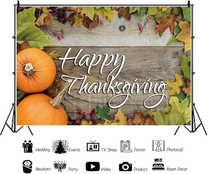10x6.5ft Happy Thanksgiving Photography Backdrop Thanksgiving Day Party Background Pumpkin on The Wooden Floor Leaf Thankgiving Party Banner Wallpaper Thanksgiving Photo Studio Props