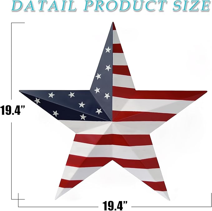 JoyEvy 19.4“ Patriotic Metal Barn Star Wall Decor, American Flag Stars for House Ornaments, Indoor Outdoor Wall Hanging Primitive Decor Star for 4th of July Decoration