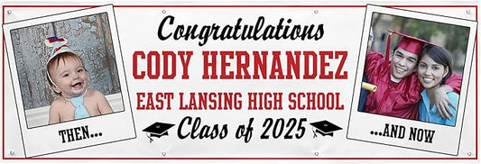 Let's Make Memories Personalized 8ft Graduation Banner - Graduation Party Decorations - Customized Congratulations Banner - Class of 2025 - Indoor/Outdoor Vinyl - How Time Flies - Red - 8 ft