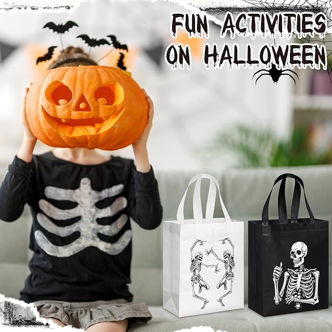 Wesnoy 48 Pcs Halloween Skeleton Gift Bags Party Favors Reusable Black White Non Woven Skull Goodie Candy Treat Tote Bags Bulk with Handles Hippie Dancing Skeleton for Birthday Party