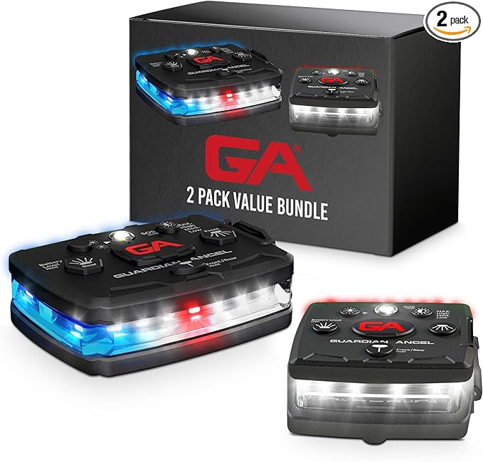 Guardian Angel Safety Light Value Bundle (2 Pack): Elite (Red/Blue/White Front, Red/Blue Rear) + Micro (White Front, R Rear) – Hands-Free LED Flashlights for Law Enforcement and Recreational Use