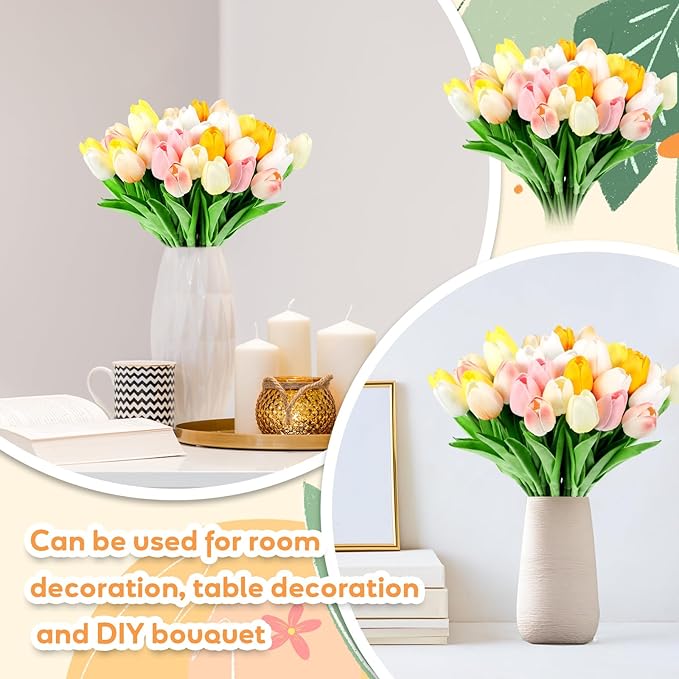 Jexine 100 Pcs Artificial Real Touch Tulips Fake Artificial Tulip Flower Bulk Bouquet with Stem for Table Centerpieces Wedding Bridal Easter Mother's Day Garden Home Decor, 13.4''(Colorful)
