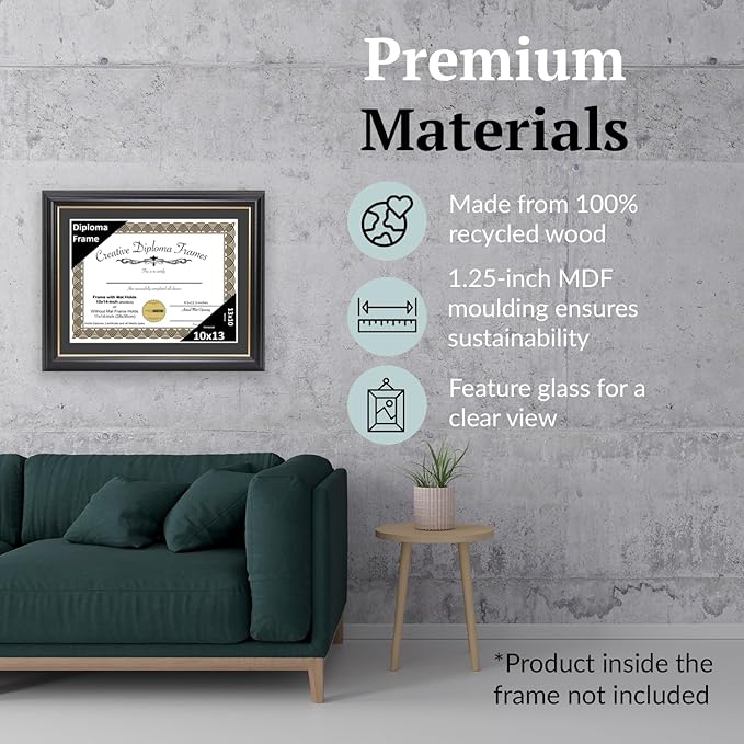 Creative Picture Frames 10" x 13" Rockefeller Black with Gold Rim Diploma Frame, Displays 10" x 13" Certificate or 11" x 14" Document without Mat, College Degree Frame, Full-Strength Glass, Black Mat