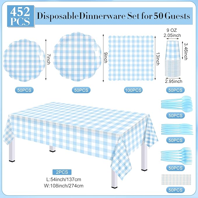 452 Pcs Blue Gingham Party Supplies for 50 Guests Include White and Blue Checkered Paper Plates Napkins Cups Tablecloth Cutlery Straws for Birthday Baby Shower Wedding Party Decorations