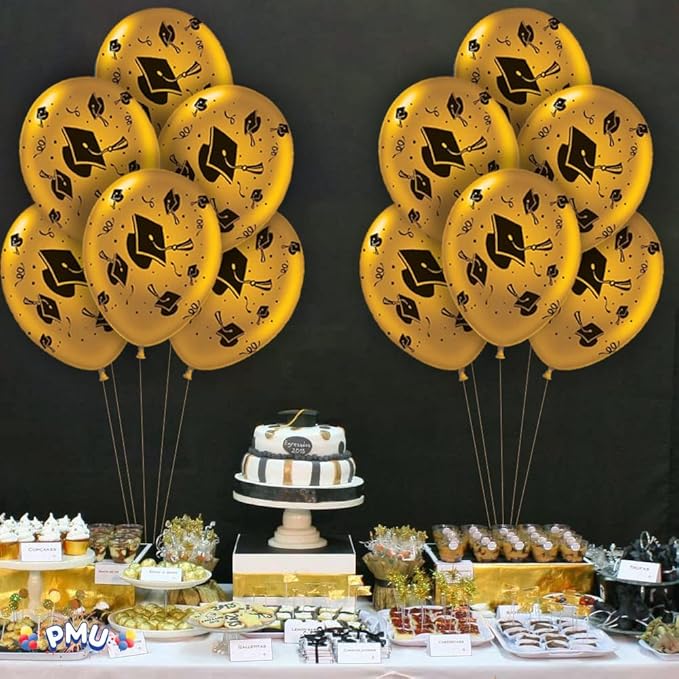 PMU100 Pcs Metallic Gold Graduation Balloons Class of 2025 with All-Over Print White Grad Caps-Confetti and Streamers | Graduation Party Supplies | Congratulations Grad Latex Balloons Latex