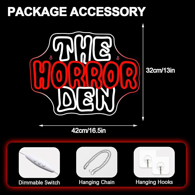NOSUN The Horror Den Neon Sign Light for Happy Halloween Wall Decor for Man Cave Dimmable USB Neon Lights for Horror Party Club Game Room Torror Movies Lover Home Wall Decor