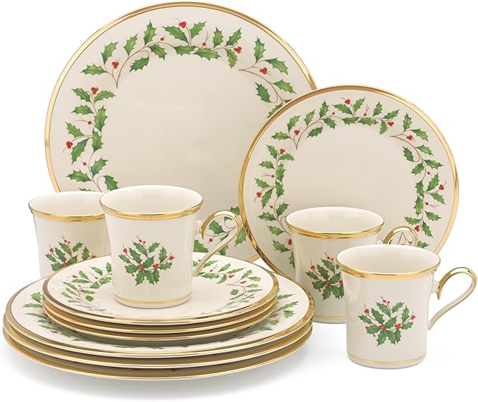 Lenox Dinnerware Set, Holiday 12-Piece Set, Service For 4, Porcelain Plate, Berry Motif With 24-Karat Gold Accents, Christmas Dinner Plates, Salad Plates And Mugs, Dishwasher Safe (Assorted, 12 Piece)