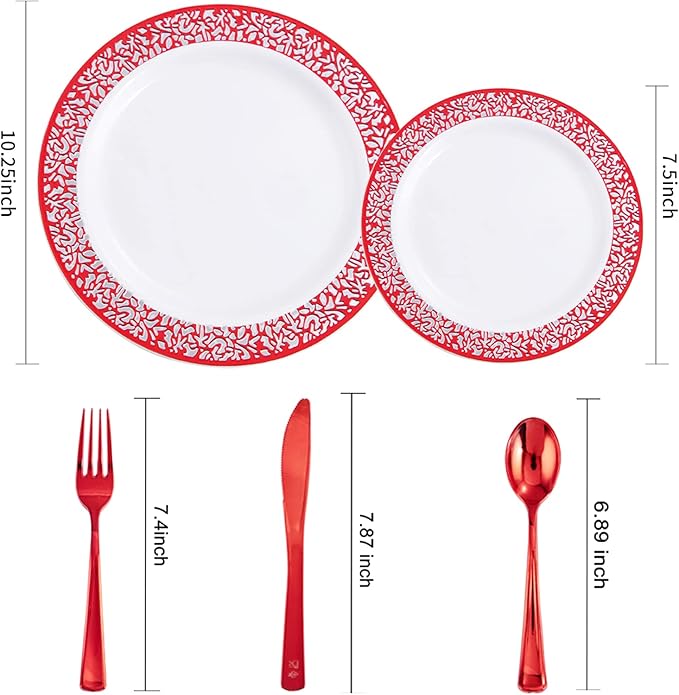 U-QE 150PCS Red Plastic Plates with Red Plastic Silverware, Red Disposable Plates Include 30 Dinner Plates 10.25", 30 Salad Plates 7.5",30 Forks,30 Knives,30 Spoons Perfect for Valentine's Day