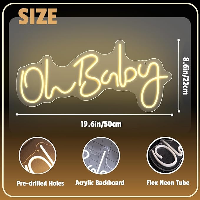 Oh Baby Neon Sign for Backdrop Wall Decor, Baby Shower LED Neon Light for Wall Decor, 19.6×8.6 Inch Large Size, USB Powered for Party Decorations & Night Lighting, Birthday Wedding Bar(Warm White)