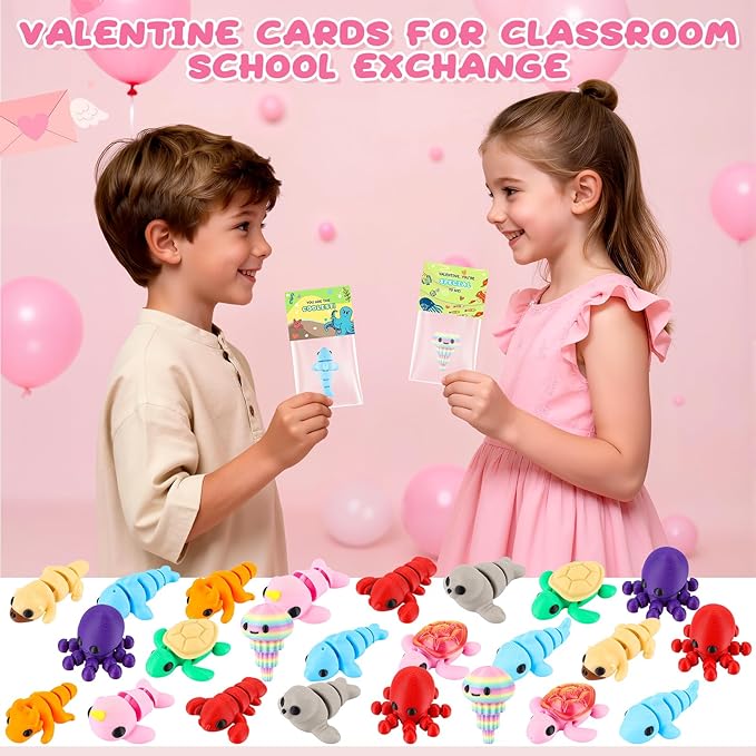 24Pcs Valentine's Day Gift 3D Printed Toys with Valentines Day Cards for Kids Classroom, Valentine's Day School Exchange Gifts, Valentine Party Favor 3D Printed Stuff, Class Exchange Prizes