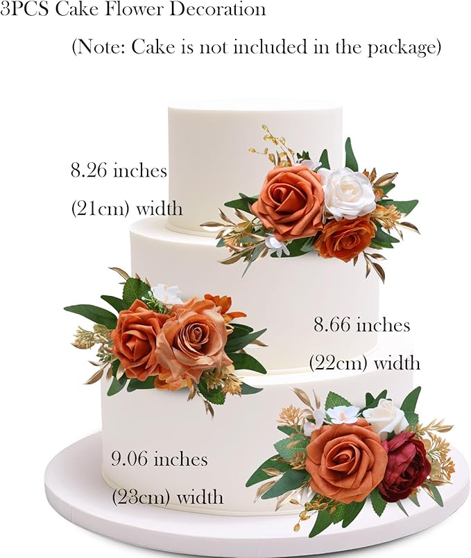 Marriwise 3Pcs Pre-made Cake Toppers Flowers, Burnt Orange Wedding Cake Decoration,Artificial Flowers Decor for Wedding Ceremony Anniversary,Birthday Party,Fall Vintage (Burnt Orange)