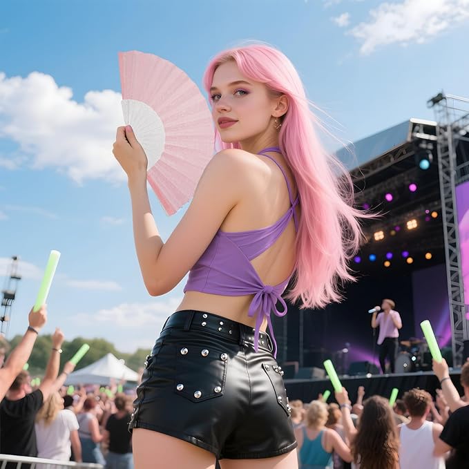24 Pack Handheld Fan,Folding Hand Glitter fan with Shining Transparent Fan Rib – Ideal for Wedding, Church, Festival, Dance, Tea Party, Club, and EDM Accessories, Pink