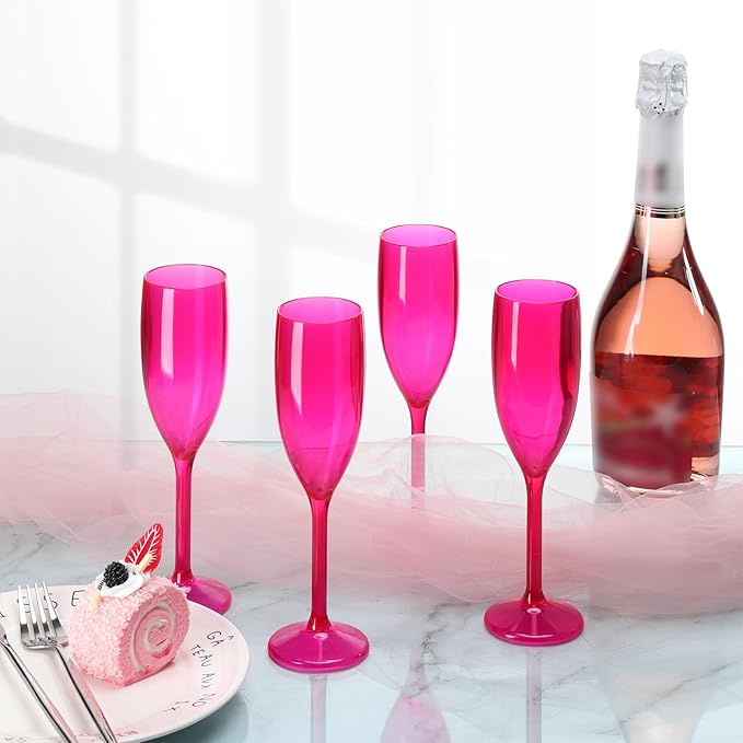 XUWAIDSGN Acrylic Champagne Flutes Toasting Glasses Unbreakable Mimosa Bar Reusable Wine Glasses Vintage Champagne Flutes Stemmed Drinking Cups 5.4 OZ for Christmas Birthday (100, Rose Pink)