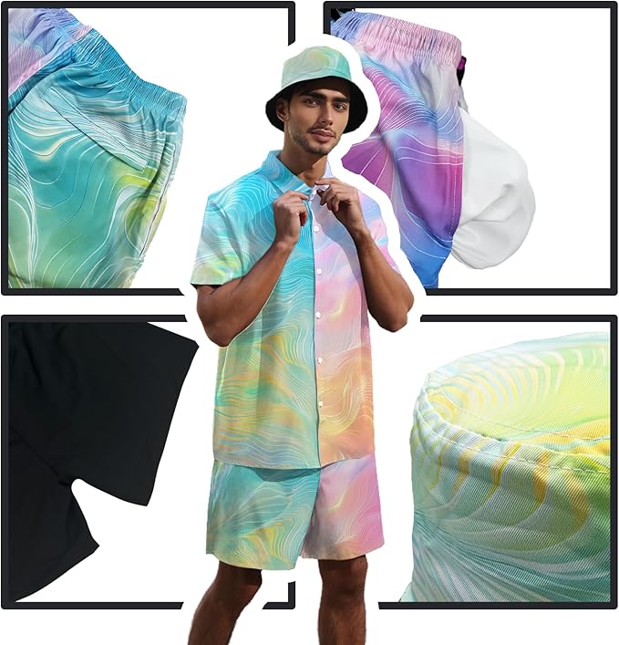 Men's Hawaiian Shirt and Shorts Set 2 Piece Beach Outfits with Bucket Hats for Beach Days and Summer Vibes