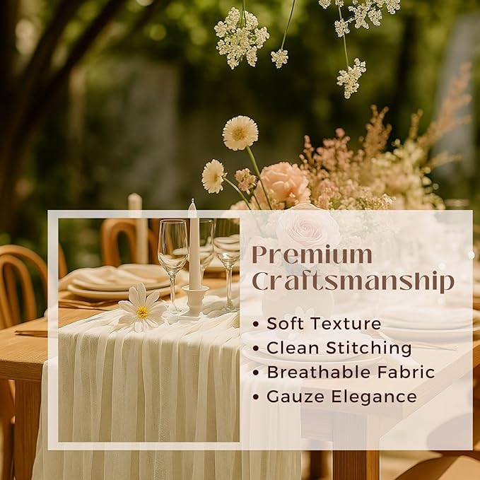 12 Pack Beige Cheesecloth Table Runner – 10FT x 12pcs Soft Gauze Boho Table Runners for Baby Shower, Coastal Wedding, Modern Rustic Party Decor