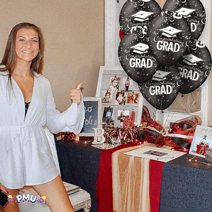 PMU 100 Pcs Black Graduation Balloons Class of 2026 with All-Over Print White Grad Caps-Confetti and Streamers | Graduation Party Supplies | Congratulations Grad Latex Balloons Latex