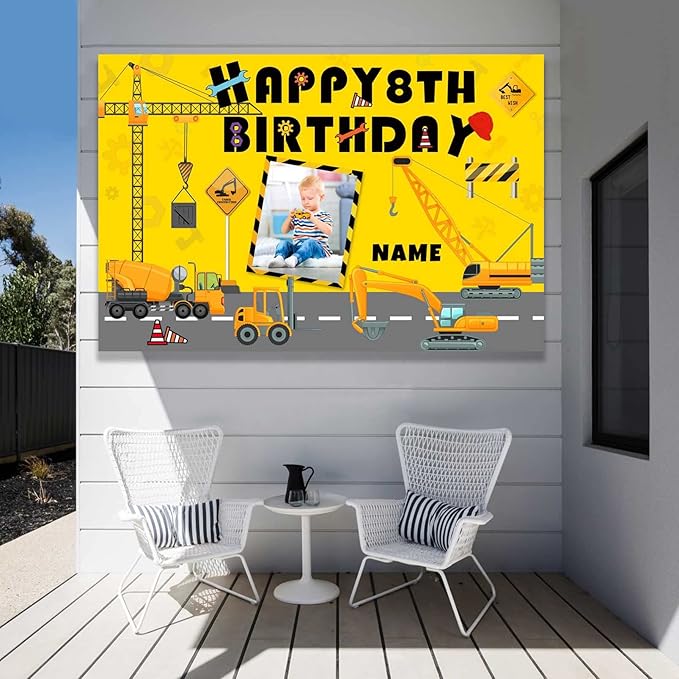 Custom Construction Happy Birthday Party Decorations Supplies Personalized Excavator Crane Dump Truck Digger Birthday Backdrop Banner(6x9ft)