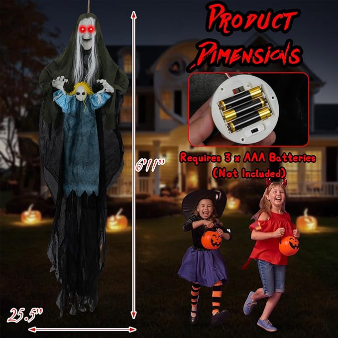 BECOMFORT 6.1 FT Hanging Animatronic Halloween Decoration, Sound-Activated Hanging Witch with Spooky Sounds, Glowing Eyes & Bending Arms, Animated Halloween Props for Indoor & Outdoor