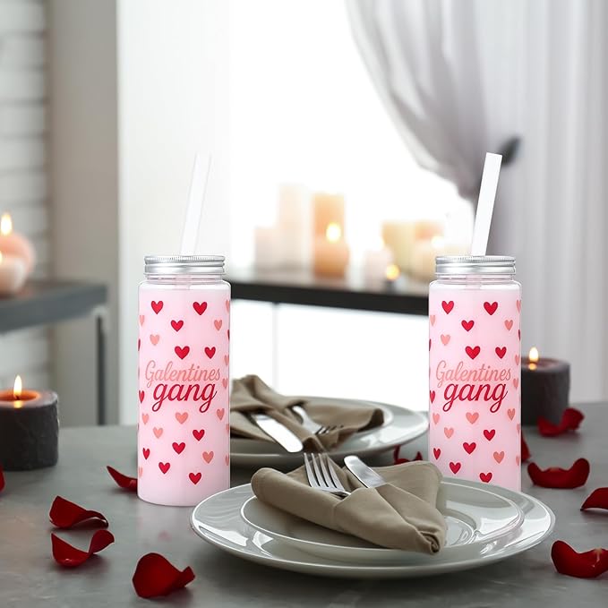 LemonRoad 24 Pcs Galentines Gang Cups Bulk 13.5 oz Reusable Valentines Day Plastic Cup Red Heart Pattern Drinking Mugs Lids and Straws Valentines Day Gifts Party Supplies for Coworker Nurses Friends