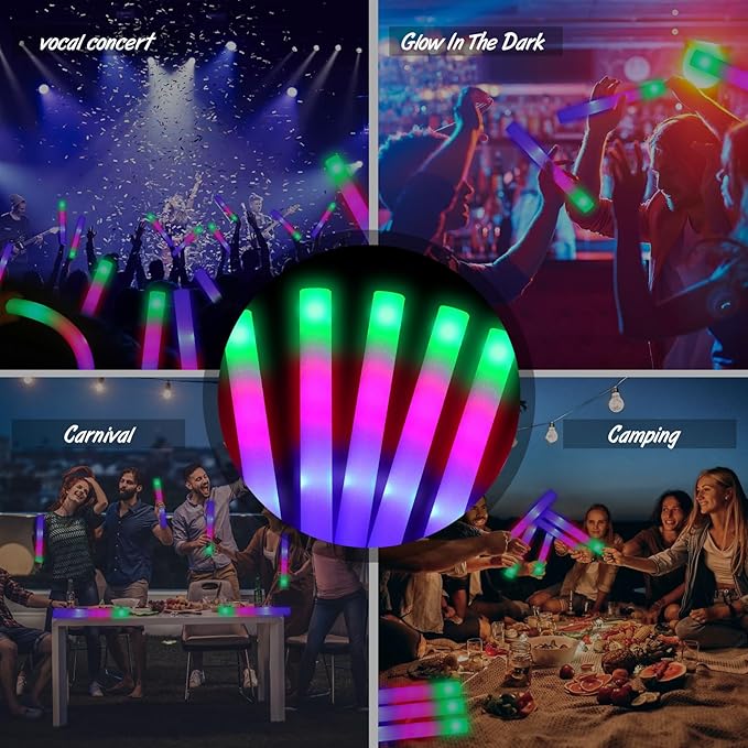 100 Pcs18.5inch Foam Glow Sticks Bulk - 3 Modes Colorful Flashing Led Foam Sticks Glow in The Dark Party Supplies for Christmas Birthday Wedding Party Camping Events Carnival Concert Rave