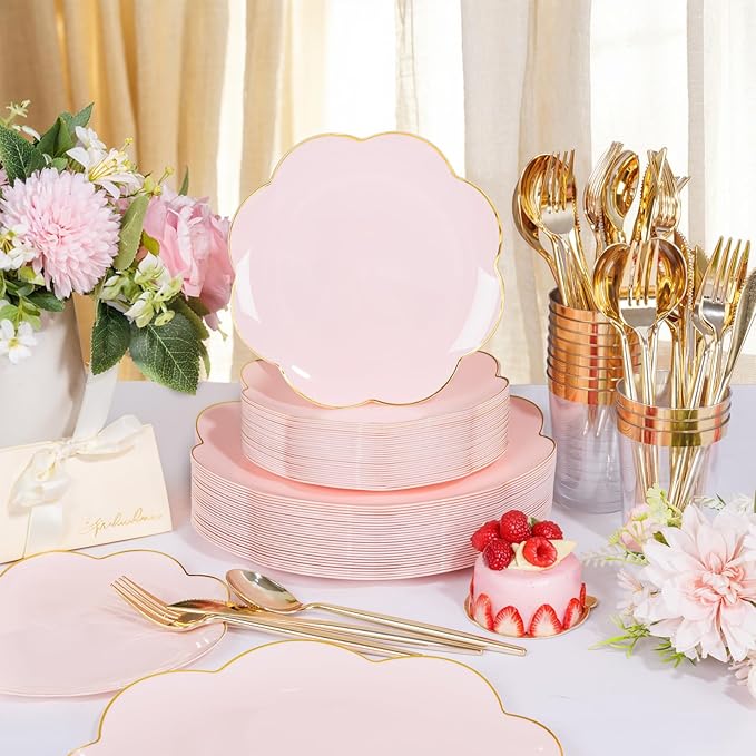 EI 180pcs Pink Plastic Plates with Gold Plastic Silverware,Party Plates Disposable,Pink Dinnerware Set for Afternoon Tea,Wedding,Birthday,Easter,Spring,Mother's Day,Valentine's Day