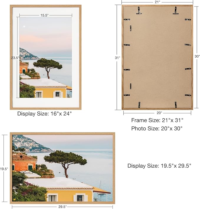 Axeman 20x30 Picture Frame with Mat for 16x24, Solid Oak Wood Poster Frame with Tempered Glass, Wooden 20''x30'' Minimalist Photo Frame with Wall Hooks Puzzle Frame for Art Photo and Prints, Natural