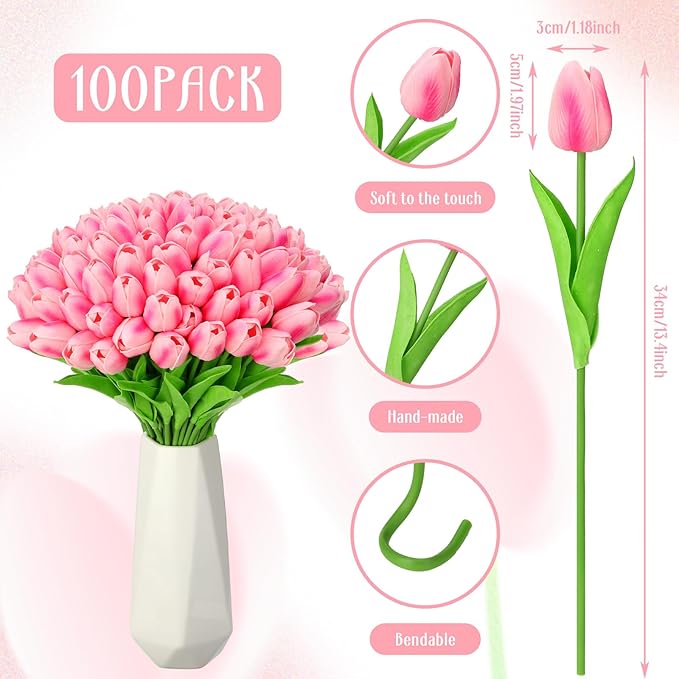 Jexine 100 Pcs Artificial Real Touch Tulips Fake Artificial Tulip Flower Bulk Bouquet with Stem for Table Centerpieces Wedding Bridal Easter Mother's Day Garden Home Decor, 13.4''(Purple Rose)