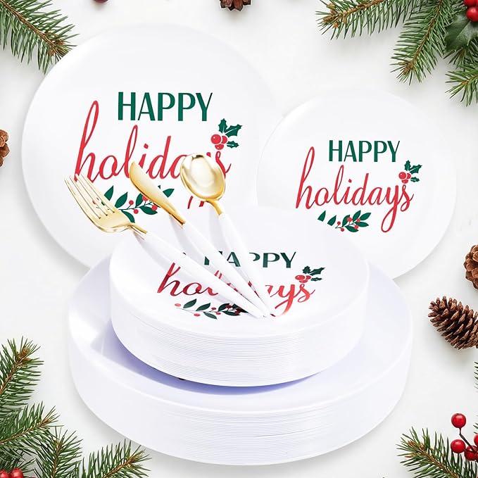 Supernal 150pcs Christmas Plastic Plates Disposable Holiday Plates,Christmas Dinnerware with Xmas Plate,White and Gold Plastic Silverware, Disposable Party Plate with "Happy Holiday"