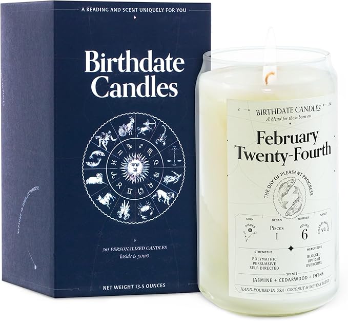 Birthdate Candles, February 24 - Pisces Zodiac Scented Candles Birthday Gift - Jasmine, Cedarwood & Thyme Scent - All-Natural Soy & Coconut Wax, 60-80 Hour Burn Time - Made in USA