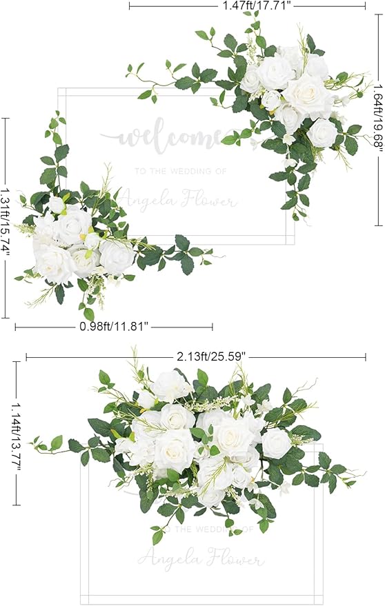 2pcs White Green Mint Leaves Deluxe Welcome Sign Artificial Flowers Wedding Backdrop Garland Hanging Floral Arrangements for Ceremony Reception Entryway Board Sweetheart Table