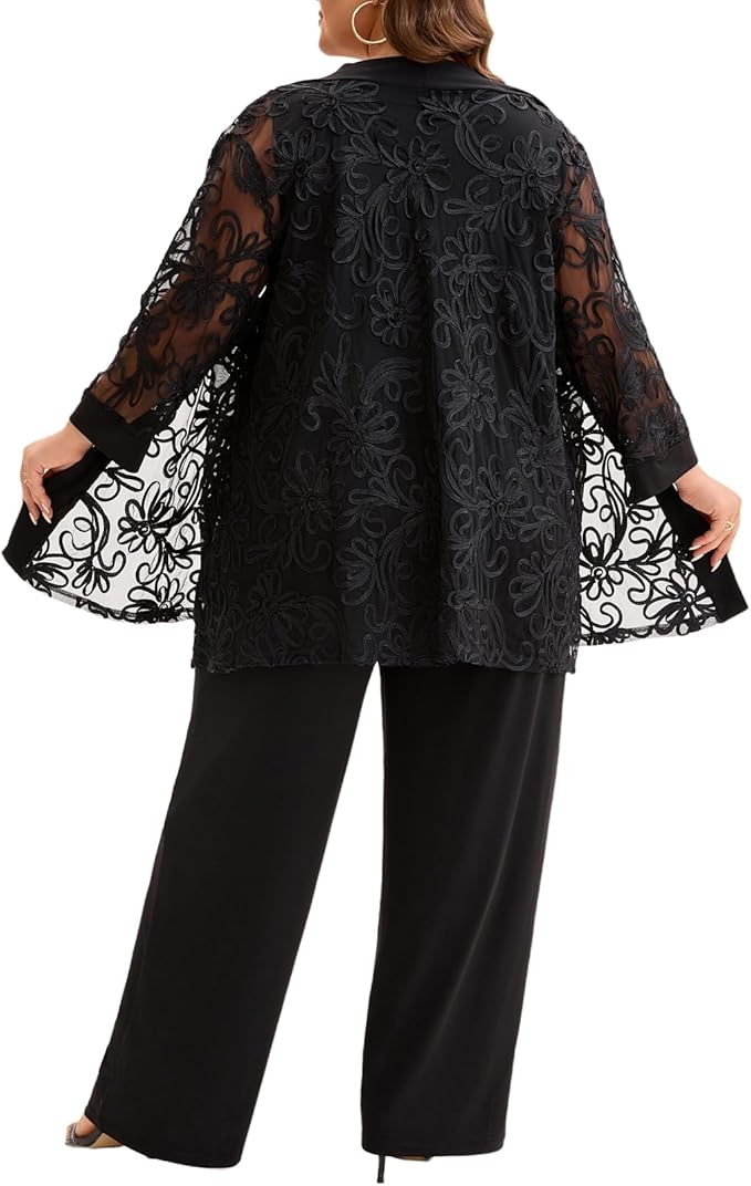 Plus Size 3 Piece Floral Embroidered Pantsuit Set Women Mother of Bride Wedding Guest Formal Evening Cocktail Party Attire