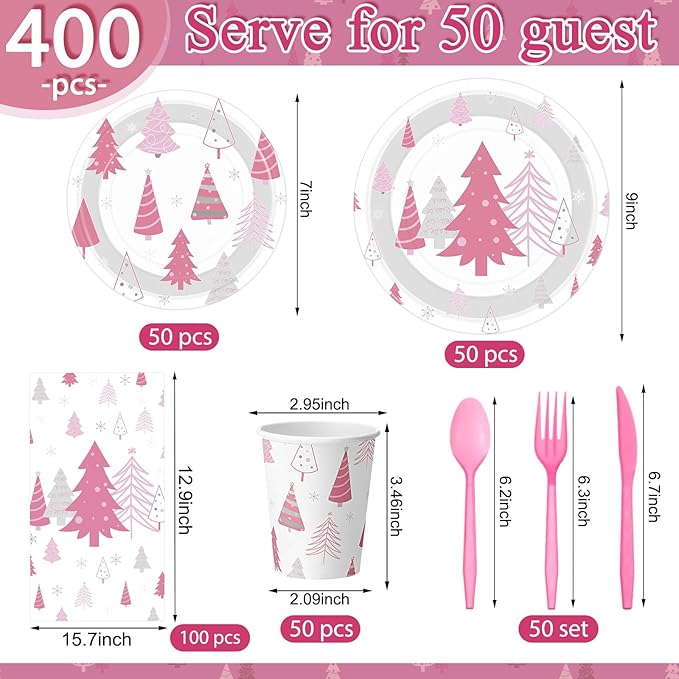 Pickmesh 400 Pcs Pink Winter Party Supplies Silver Xmas Tree Snowflake Disposable Paper Plates Napkins Cups Cutlery for Winter Xmas Christmas Birthday Party Table Decorations Serve 50
