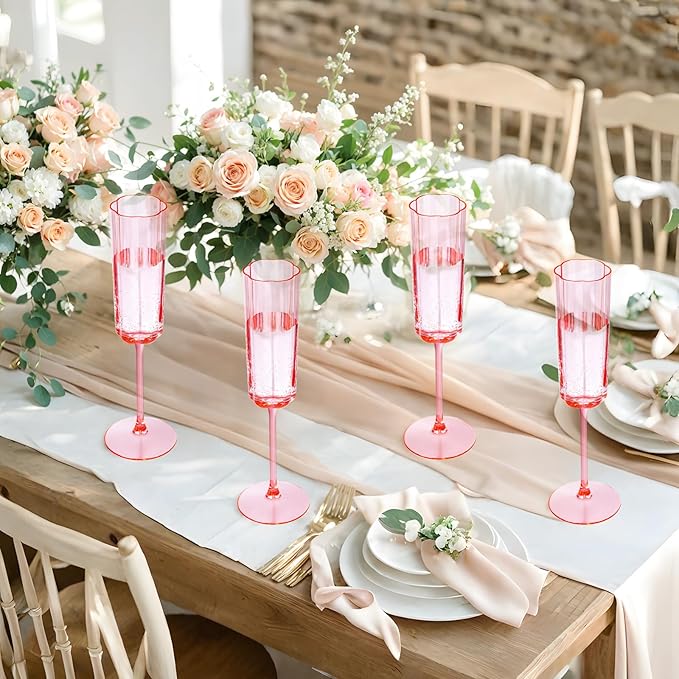 YOUBET 36 Pack Pink Champagne Flutes Plastic - 6 Oz Flower Wavy Champagne Plastic Glasses - Heavy Duty Vintage Disposable Flutes for Wedding Party Birthday Anniversary Valentines Day