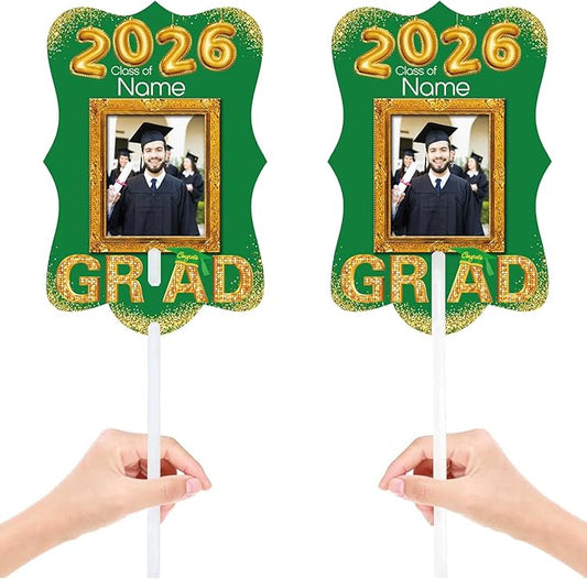 Personalized Graduation Double Sided Face Fan Class of 2026 Customized Graduation Head Face Cutout with Handle Fun Photo Prop Supplies(A-Green and Gold,12pcs)