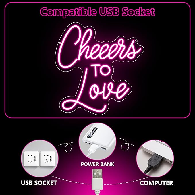 Cheers to Love Neon Sign, Wedding Led Neon Light Signs for Bachelorette Bridal Engagement Party Decoration Wall Decor Valentine's Day Night Light Bridal Shower Dimmable USB Powered(13.8"*13")