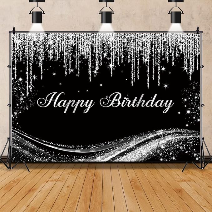 Renaiss 15x10ft Silver Birthday Backdrop for Photoshoot Man Woman Portrait Gray Floating Glitters Luxury Graceful Black Photography Background Happy Birthday Banner Bday Party Decors Photo Booth Props