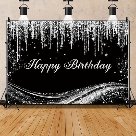 Renaiss 10x7ft Silver Birthday Backdrop for Photoshoot Man Woman Portrait Gray Floating Glitters Luxury Graceful Black Photography Background Happy Birthday Banner Bday Party Decors Photo Booth Props