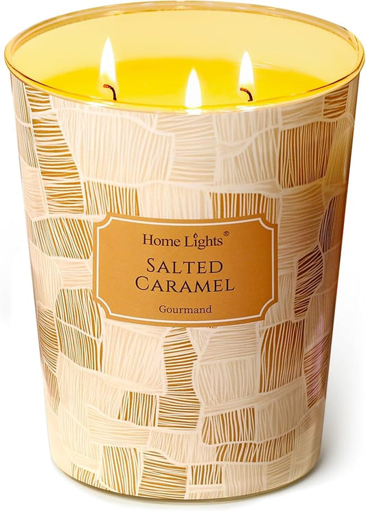HomeLights Scented Candles | Large Jar 34 Oz Natural Soy Candle | 130 hrs Long-Lasting with 3 Wicks | Rustic Modern Home Decor | Gifts for Mom & Women, Salted Caramel