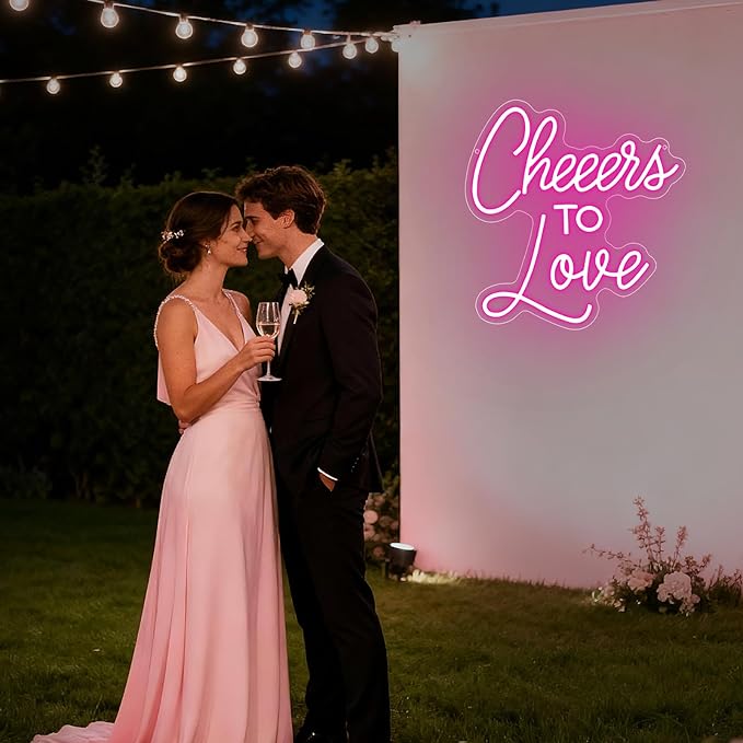 Cheers to Love Neon Sign, Wedding Led Neon Light Signs for Bachelorette Bridal Engagement Party Decoration Wall Decor Valentine's Day Night Light Bridal Shower Dimmable USB Powered(13.8"*13")