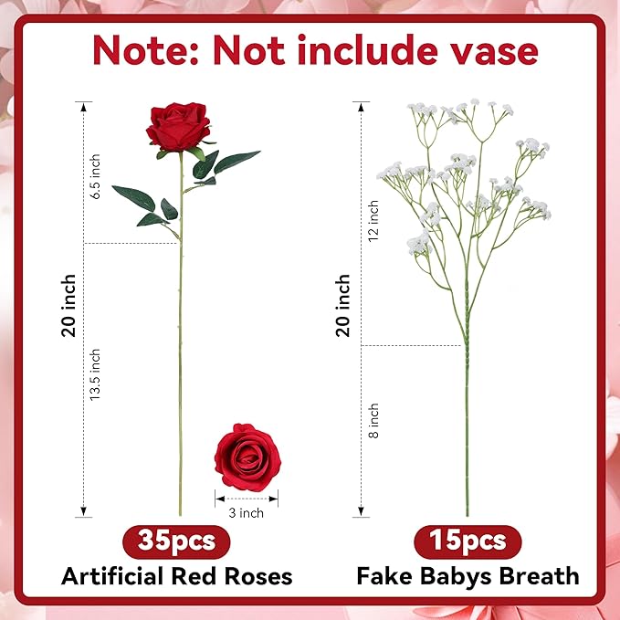 HyeFlora 35 PCS Artificial Red Roses with 15 PCS Fake Baby Breath Realistic Fake Flowers Bouquet with Long Stem for DIY Wedding Party Home Decoration Vase Tables Centerpieces Arrangements Gift for Her