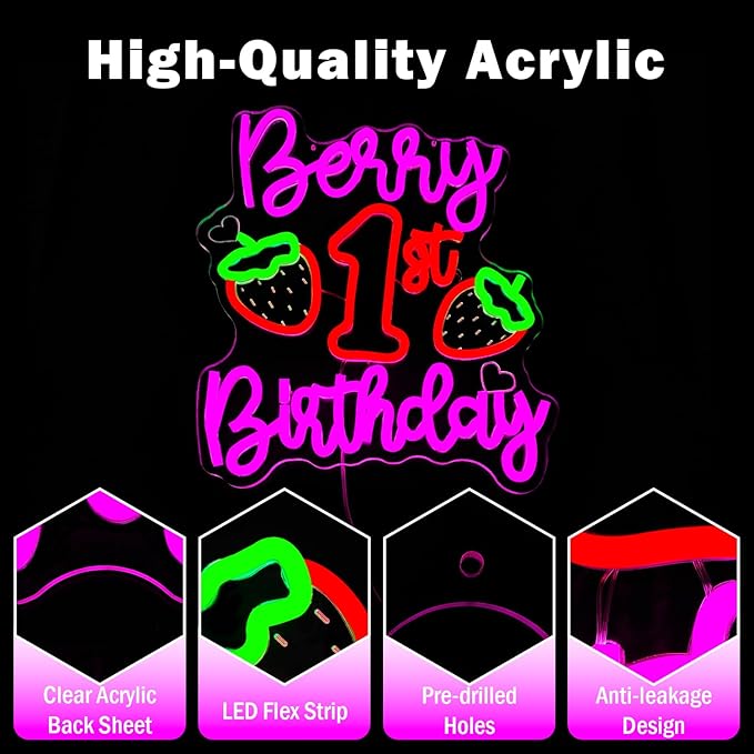 Berry First Birthday Neon Sign Strawberry 1st Birthday Neon Lights Dimmable Strawberry Theme Led Sign Backdrop Berry Sweet One Birth Party Decorations