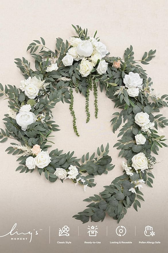 Ling's moment 9FT Spring Flower Garland for Backdrop Decorations - Wedding Arch Flowers, Eucalyptus & Rose, Artificial Floral Garland for Mantel - Sweetheart Table Decor for Reception, White & Sage